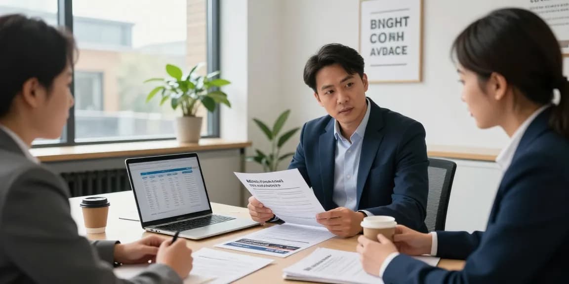 Client discussing merchant cash advance London with advisor in a bright office.