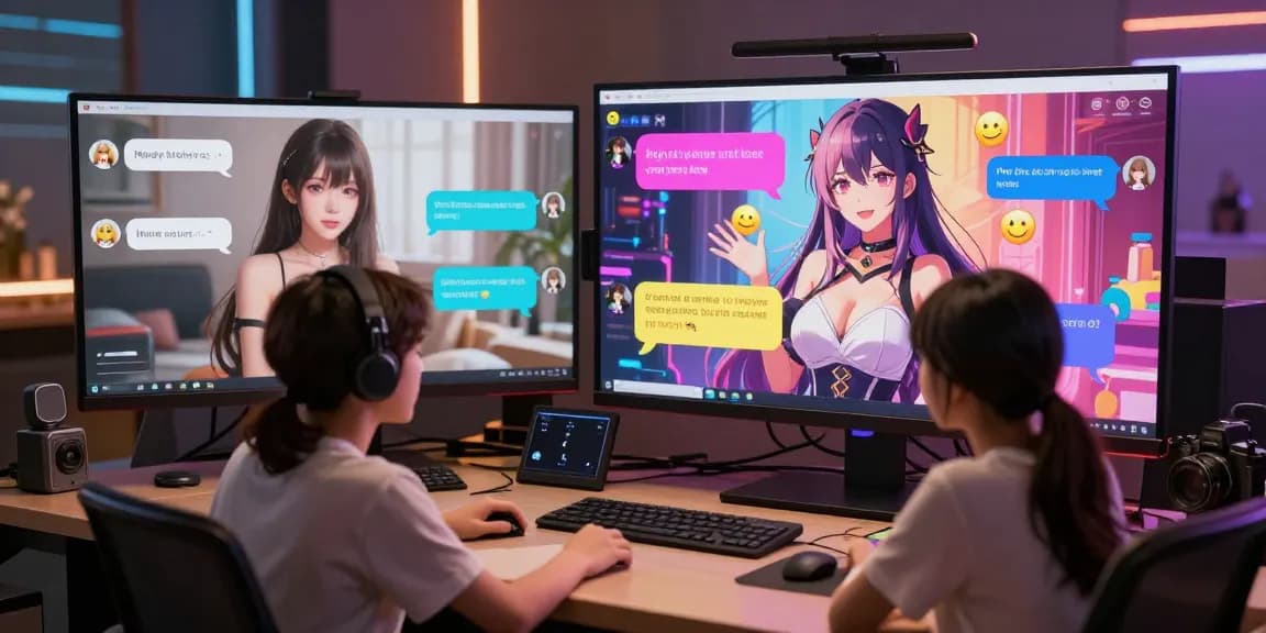 Engaging ai hentai chat scene with users interacting with animated characters and playful dialogues.