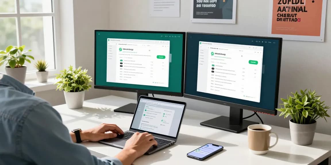 Person using WhatsApp網頁版 on dual monitors in a modern office setting.