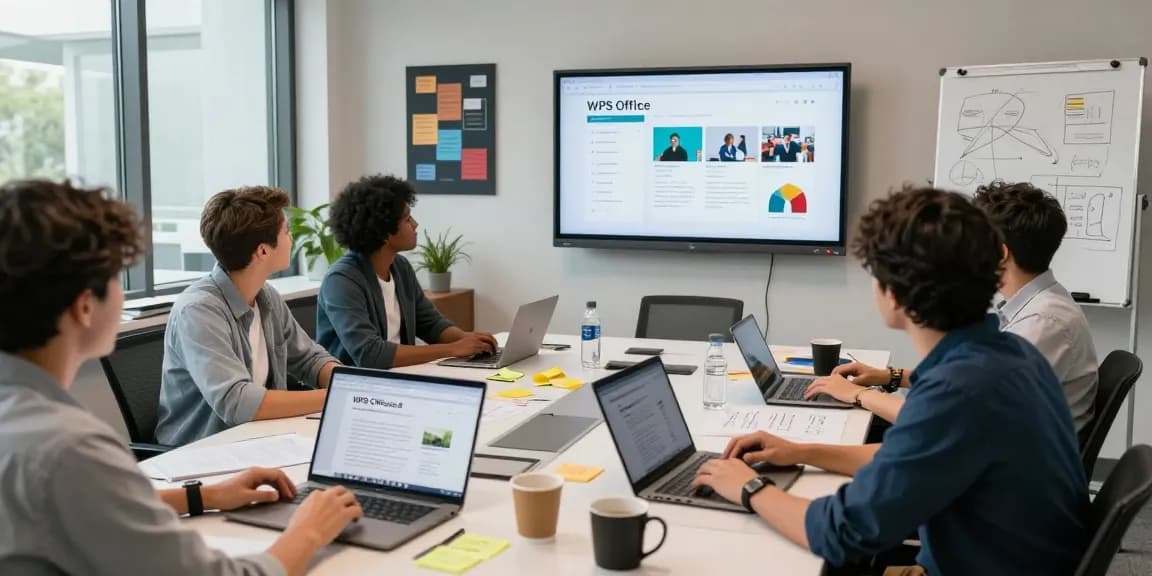 Team collaborating on the WPS Official Website in a modern office.