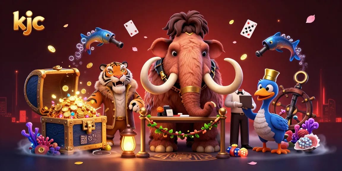 KJC showcases a vibrant 3D illustration featuring a woolly mammoth bouncer and VIPs in an exciting casino setting.