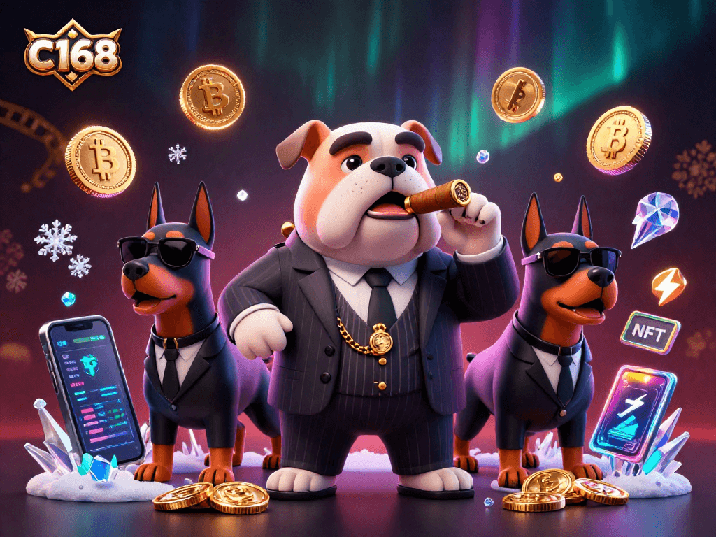 Experience the thrilling world of C168 with animated mafia characters and cryptocurrency elements showcasing the excitement of online gaming.