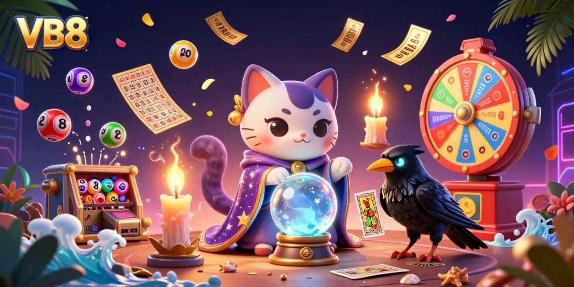 Experience the thrilling VB8 gaming adventure with a dynamic 3D illustration featuring mystical elements of casino gaming.