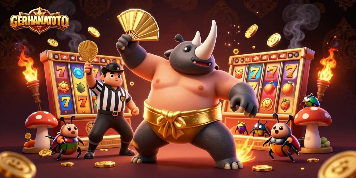 GERHANATOTO menghadirkan ilustrasi karakter kasino dengan pemenang jackpot dan suasana kemenangan.
