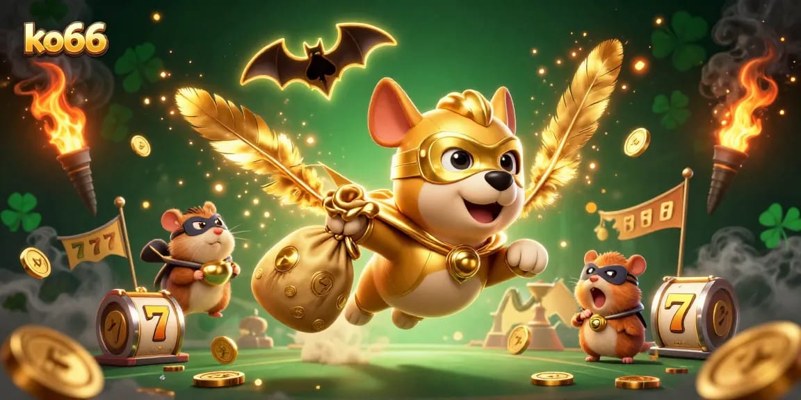 Engage with ko66 and win big in this vibrant casino illustration featuring a superhero dog and hamster.