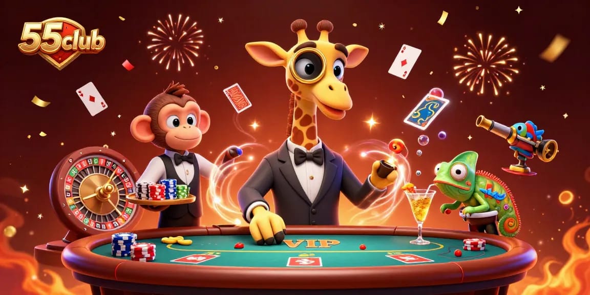 Experience thrilling gambling action with 55club featuring high-roller giraffe and vibrant casino elements.