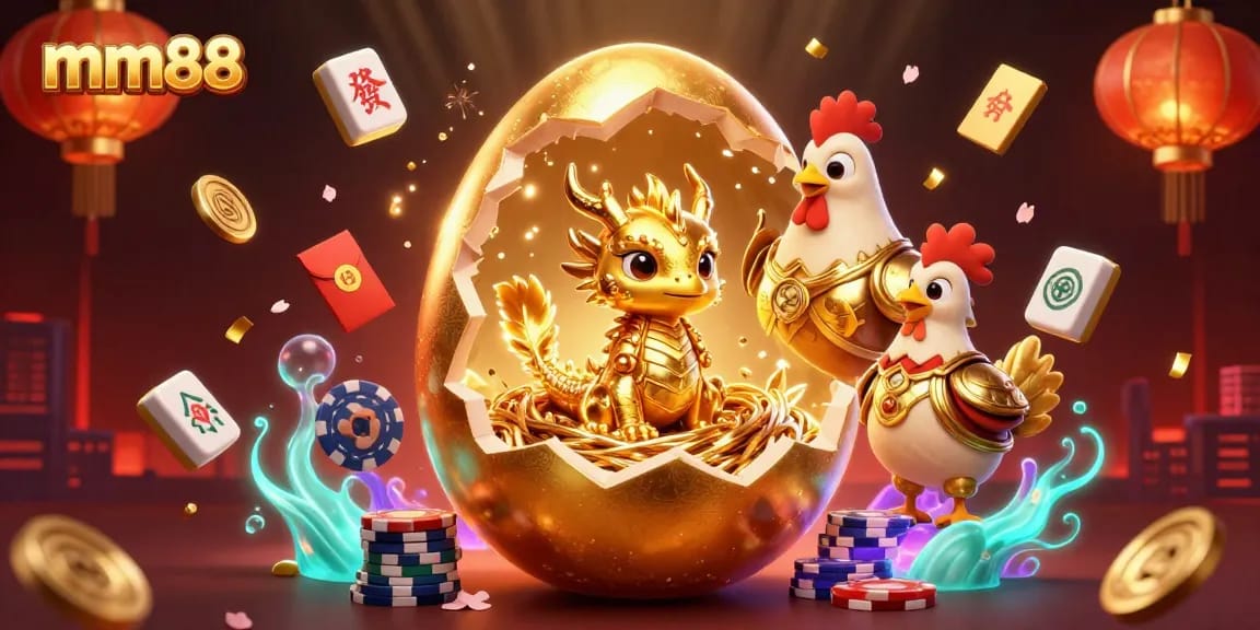Experience thrilling mm88 wagering with the dazzling golden dragon amidst vibrant casino elements.