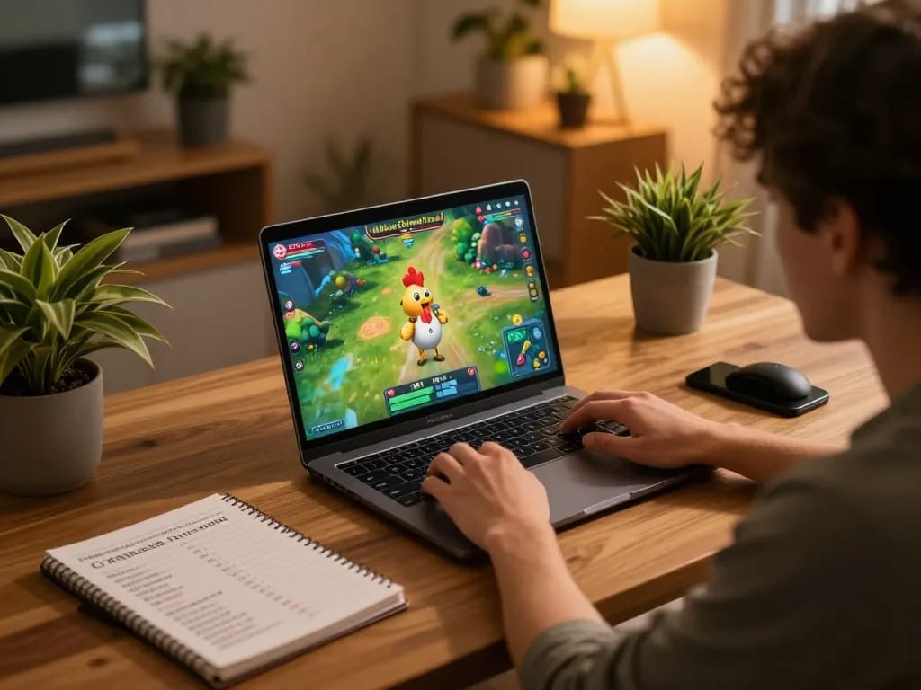 Gioco coinvolgente di recensioni chicken road in un accogliente setup domestico con taccuino strategico