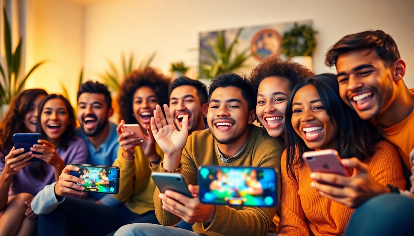 Players enjoying the JLMMM app together in a cozy living room, celebrating a game night.