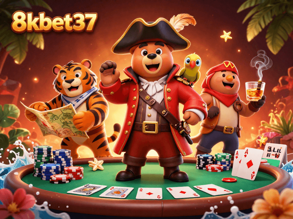 Engage in thrilling moments at 8kbet37 with a lively poker scene featuring a pirate captain bear.
