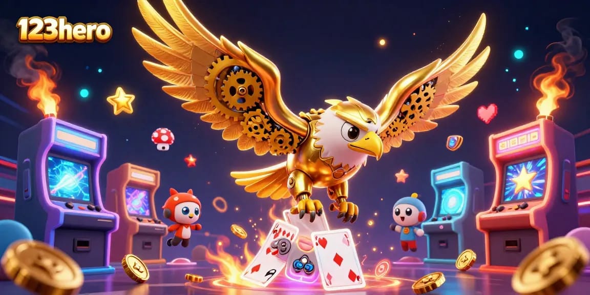 Experience excitement with 123hero as the cybernetic eagle dives through dazzling casino elements!