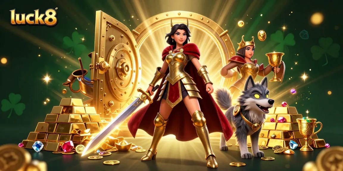 Experience thrilling casino action with luck8, featuring a warrior queen and treasure elements in a dazzling 3D scene.