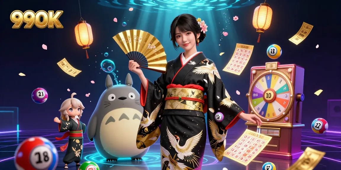 Engage in exciting lottery games with 99OK's vibrant 3D illustration featuring dynamic elements and characters.