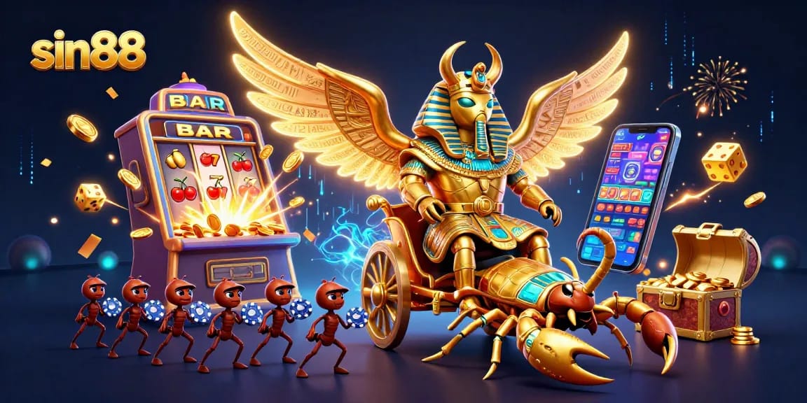 Experience thrilling gameplay at sin88 with a colossal golden scarab beetle and lively casino elements