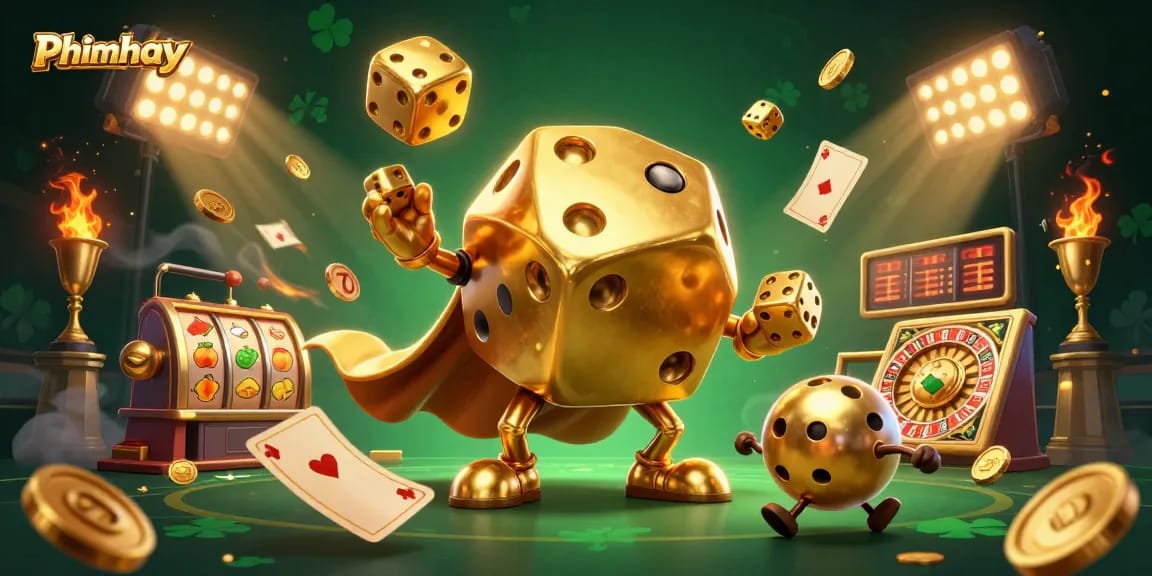 Experience the thrill of Phimhay as golden dice juggle with vibrant casino elements in a dynamic, action-filled scene.