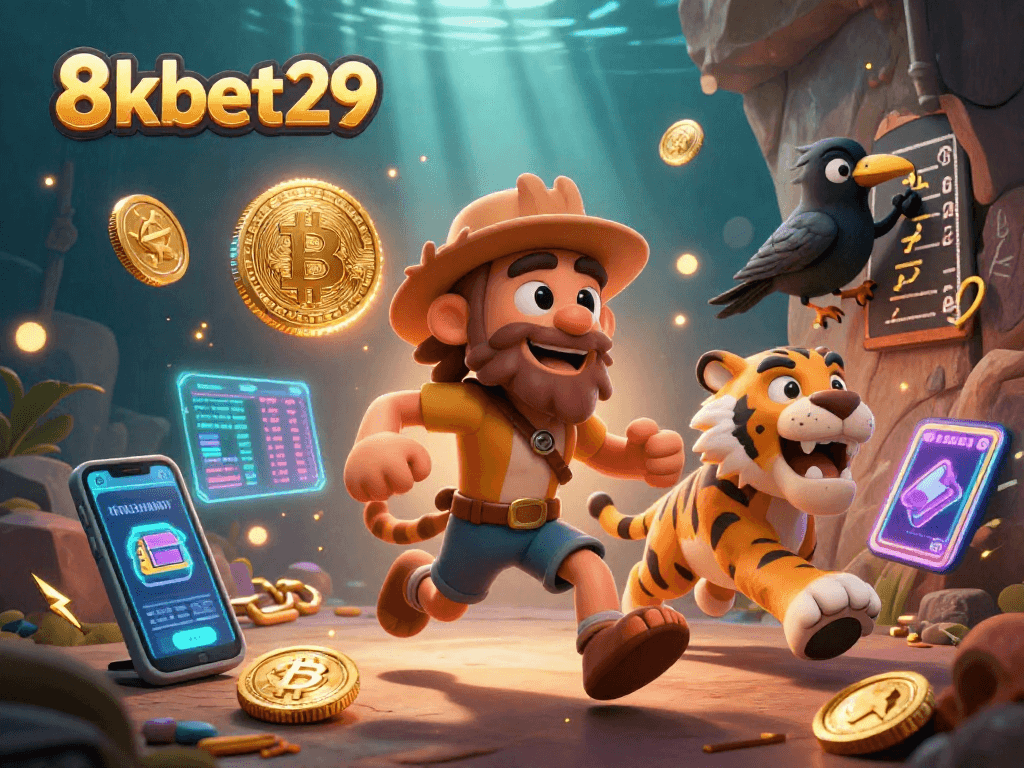 Experience thrilling casino games at 8kbet29 with a vibrant prehistoric scene featuring crypto coins.