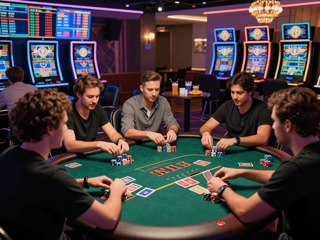 Thrilling crypto casino experience with diverse players around a poker table, vibrant atmosphere.