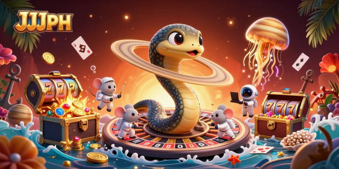Place your bets with JJJPH at this vibrant cosmic casino scene featuring exciting gaming elements.