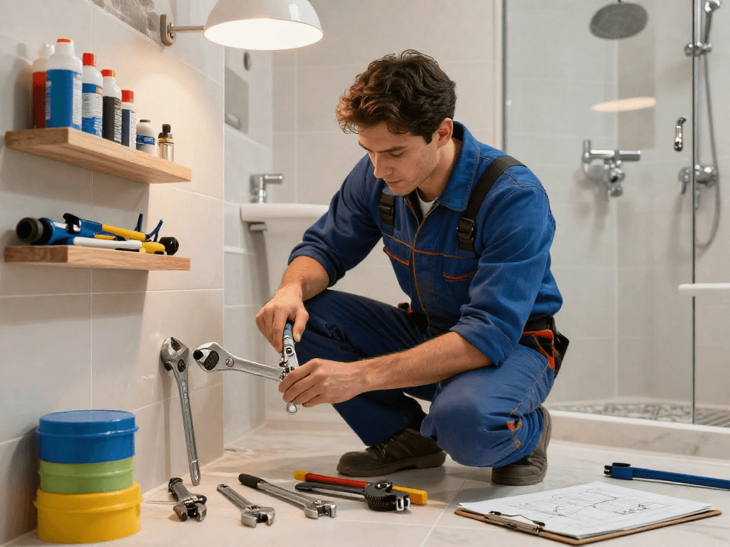 Chiave idraulico professionale utilizzata durante ristrutturazione bagno con attrezzi e materiali di alta qualità.