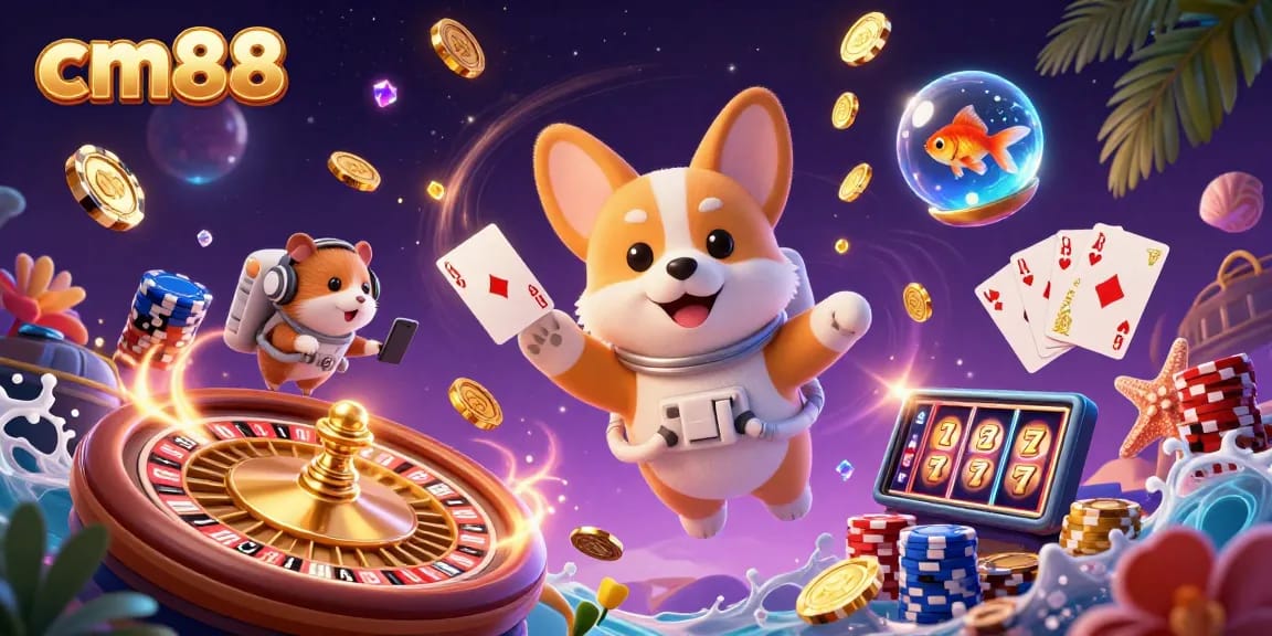 Engage with cm88 as a cartoon corgi astronauts float in a dazzling space casino full of jackpots.