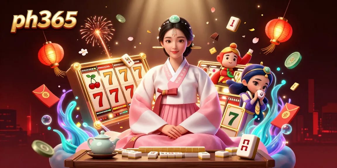 Engage in thrilling casino action at ph365 with vibrant slot reels and lively game elements surround the serene character.