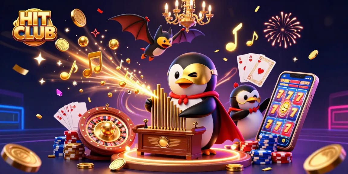 Experience the thrill of HIT CLUB with a vibrant 3D casino scene featuring a penguin and bat acrobat.