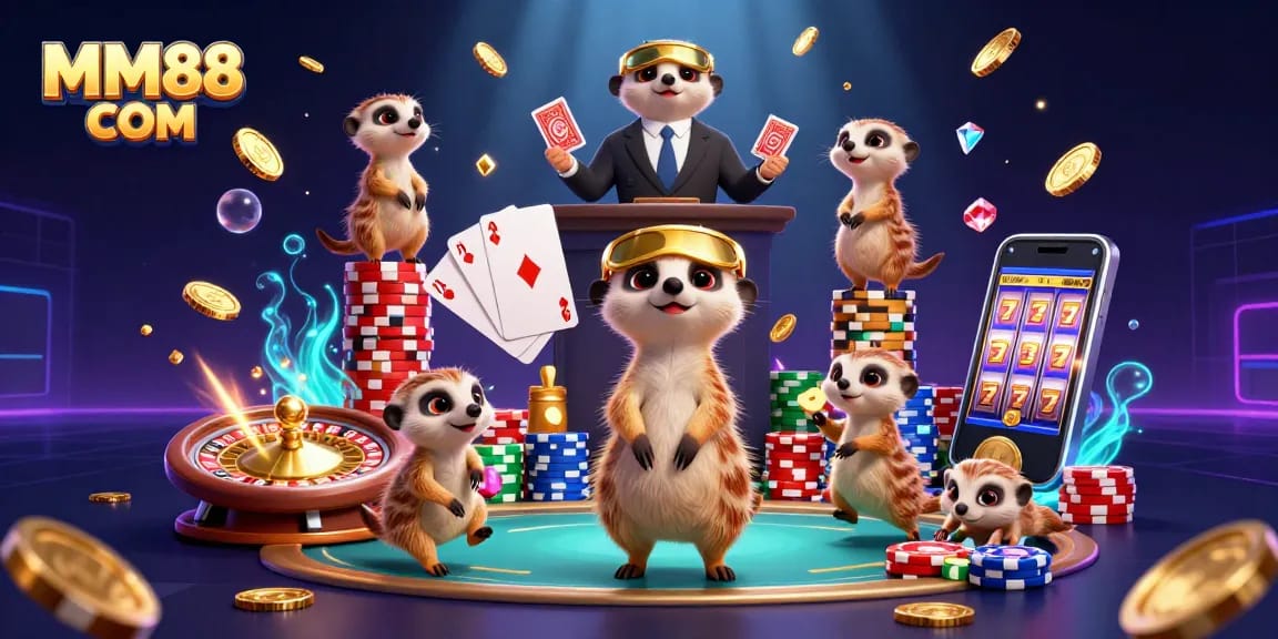 Engage with MM88 COM in a vibrant, lively casino scene filled with meerkats and dynamic gaming elements.