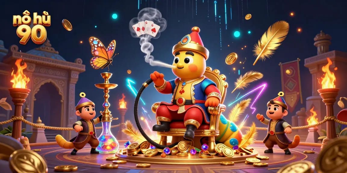 Engage with nổ hũ 90 in a vibrant 3D casino scene featuring dynamic game symbols and captivating visuals.