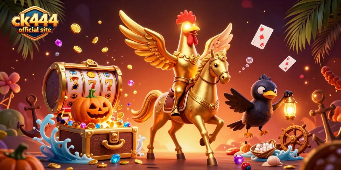 Engage with the ck444 official site through vibrant gaming adventures, featuring a golden rooster and casino elements.