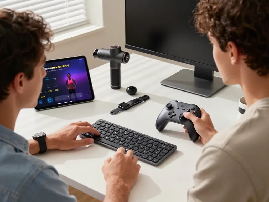 Best tech gadgets for men showcased in a stylish workspace with Bluetooth devices.