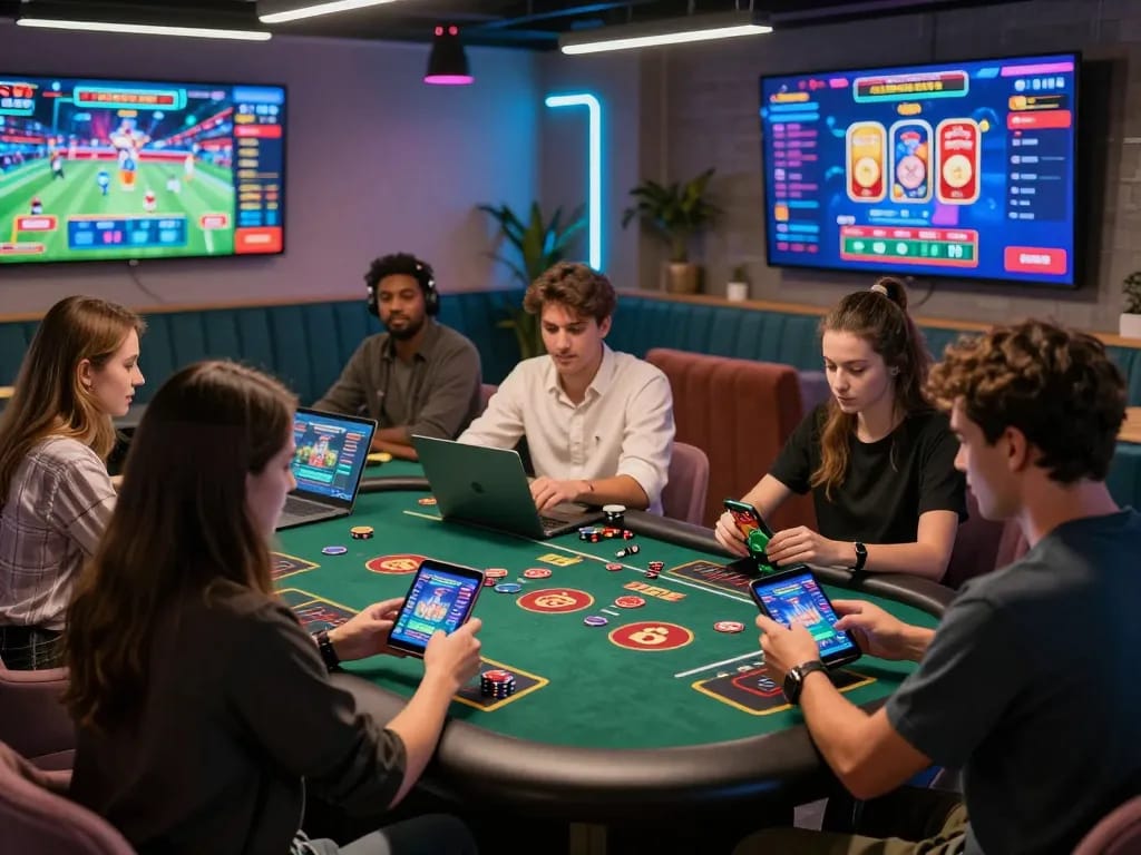 Engaging nk88 live casino experience with young adults immersed in online gambling.