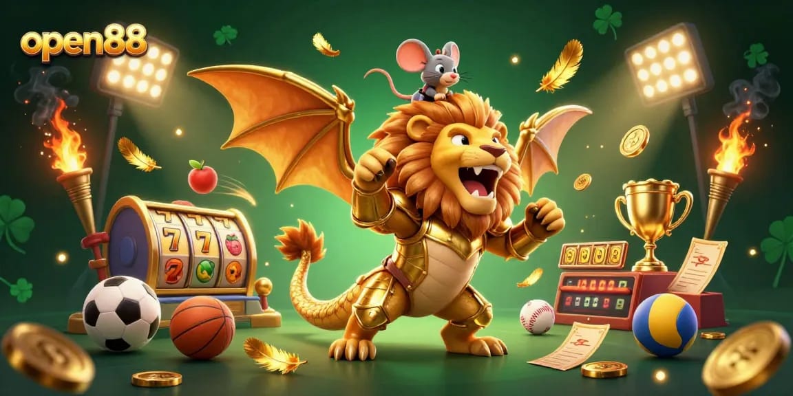 Experience thrilling slot games and sports action at open88 with a dynamic casino illustration.