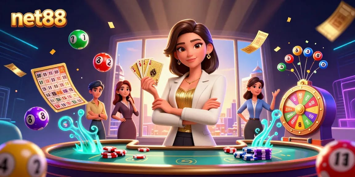 Win big with net88's vibrant casino scene featuring an elegant businesswoman and thrilling game elements.