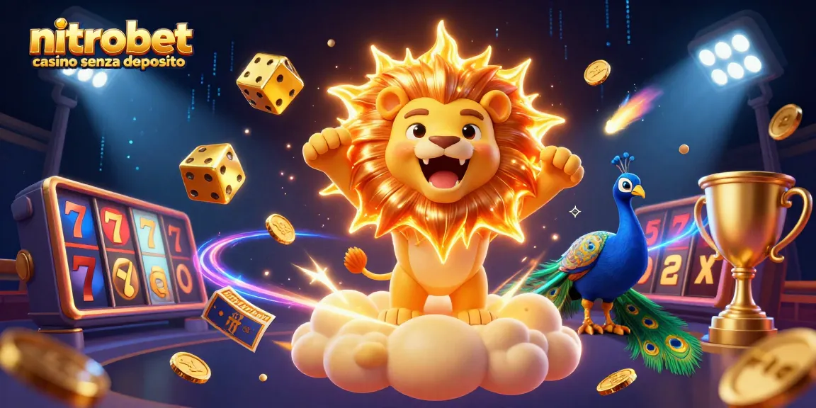 Gioca al nitrobet casino senza deposito con questa illustrazione vibrante di un leone e elementi di gioco.