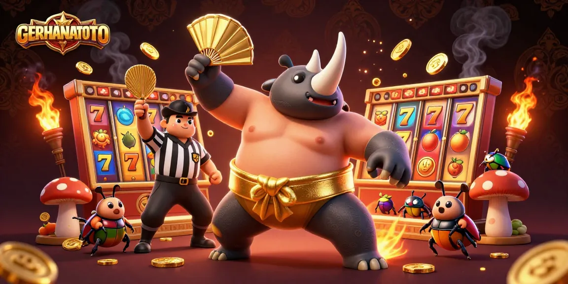 GERHANATOTO menghadirkan ilustrasi karakter kasino dengan pemenang jackpot dan suasana kemenangan.
