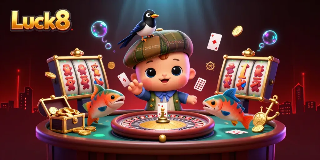 Luck8 casino scene features cartoon Nessie and gold-loving magpie amidst dynamic gaming elements.