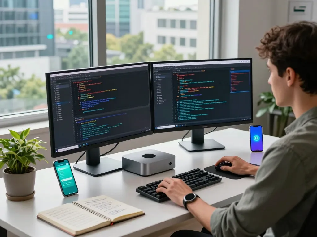 Developer using a Mac Mini in a modern workspace with dual monitors and vibrant lighting.