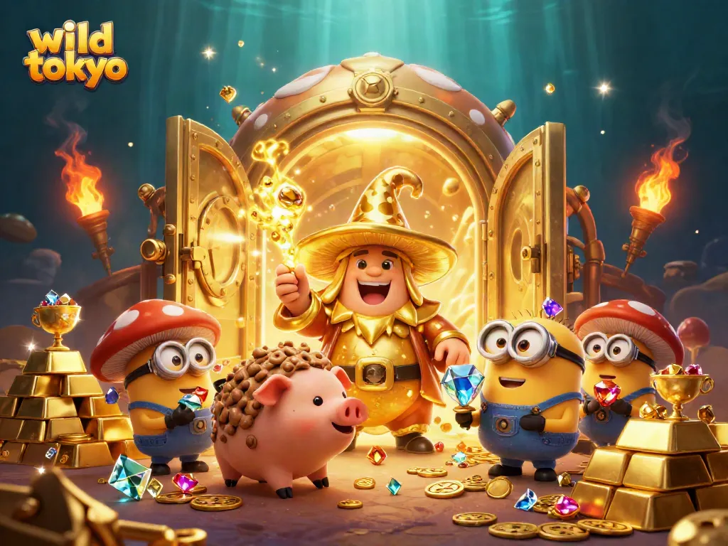 Experience wild tokyo's vibrant gaming atmosphere with a magical wizard, treasure, and dazzling gems.
