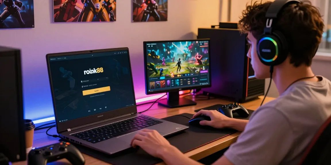 Engaging rokok88 login scene with a gamer focused on a vibrant screen, showcasing gaming elements.