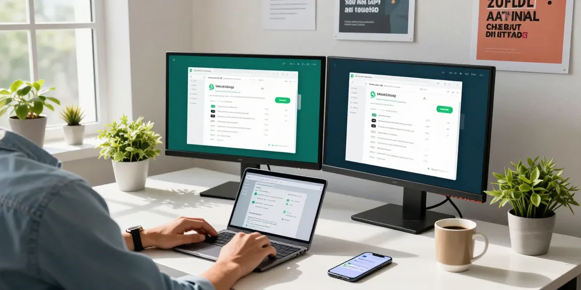 Person using WhatsApp網頁版 on dual monitors in a modern office setting.