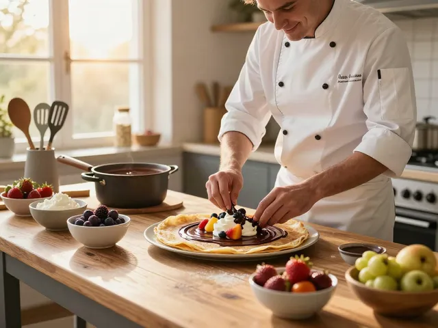 Delicious crepes with rich dark chocolate at https://dcrepes.org, set in a warm kitchen.