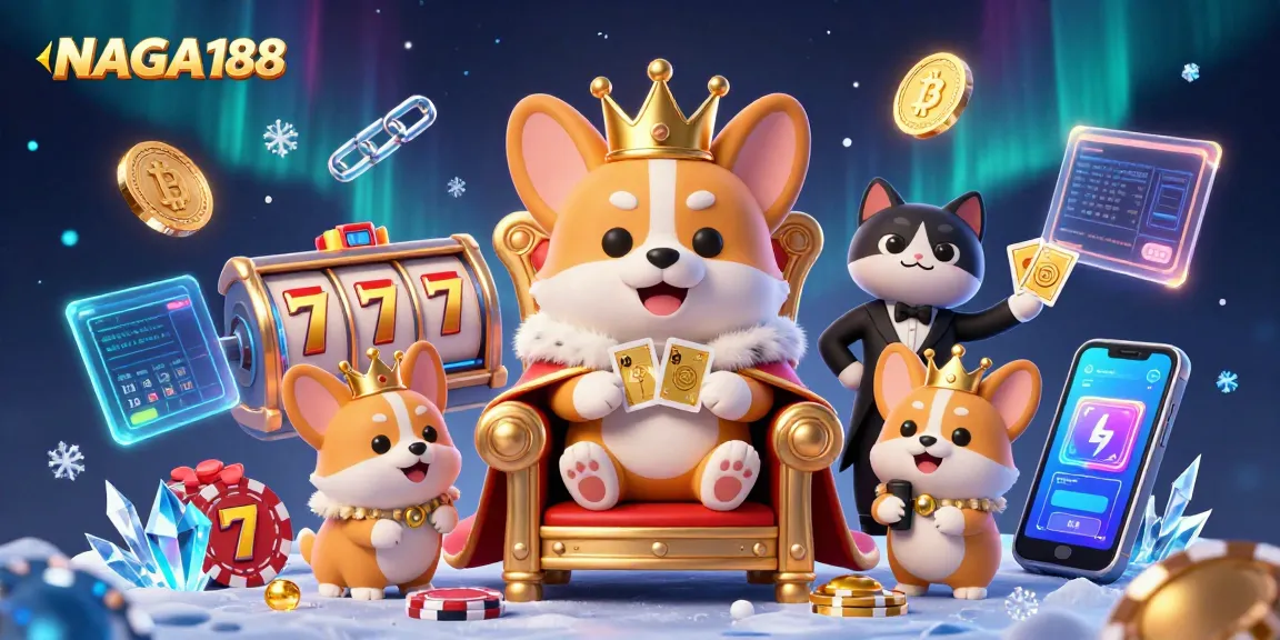 Gambarkan pengalaman bermain di NAGA188 dengan corgi kerajaan dan elemen permainan slot berkilau!