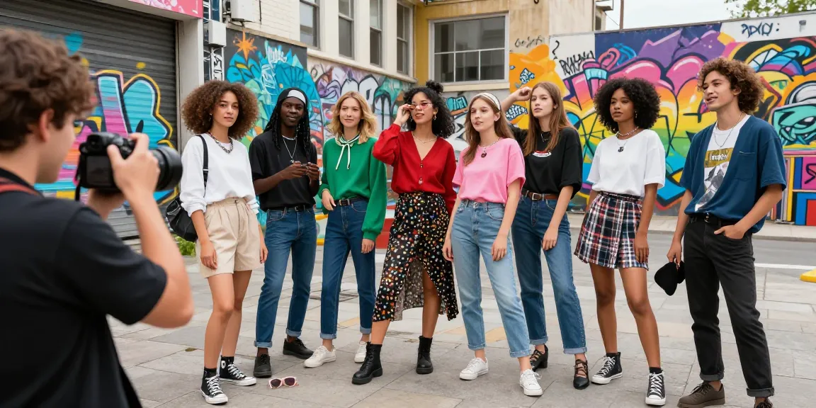 Gruppo di aspiranti modelli che collaborano a un vivace servizio fotografico all'aperto per Book Fotografico per Modelli.