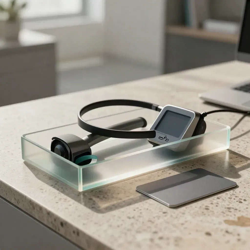 Tray acrilico satinato con headset e contatore call su pietra, luce morbida.