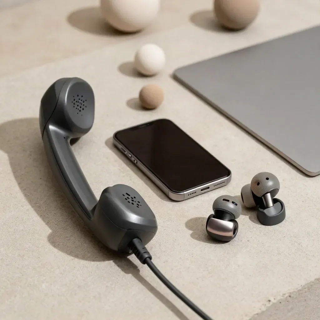 Kit customer care multicanale su cemento chiaro con telefono, smartphone e dock earpiece