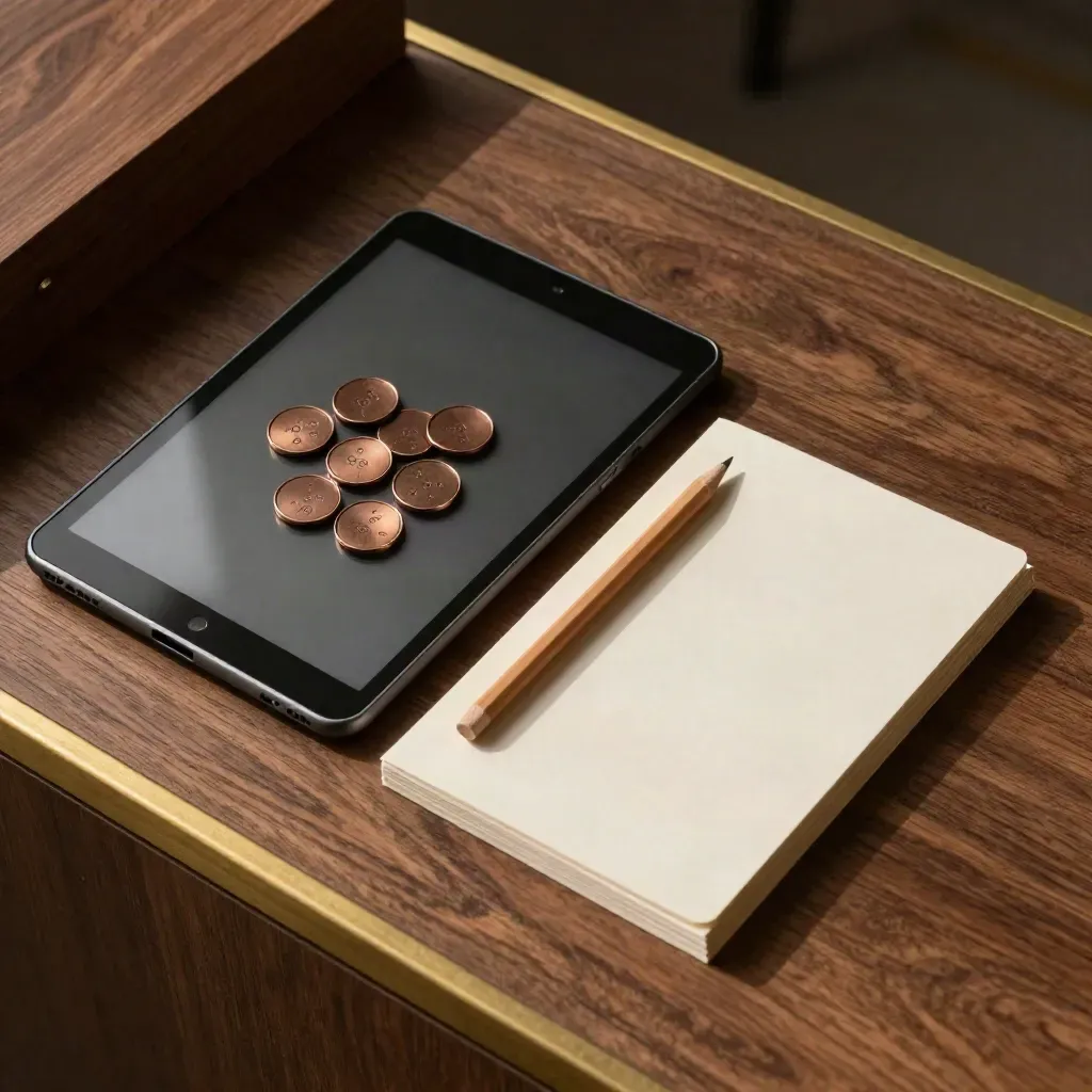 Kit per survey clienti con tablet chiuso, gettoni e cartoncini piegati su legno caldo.