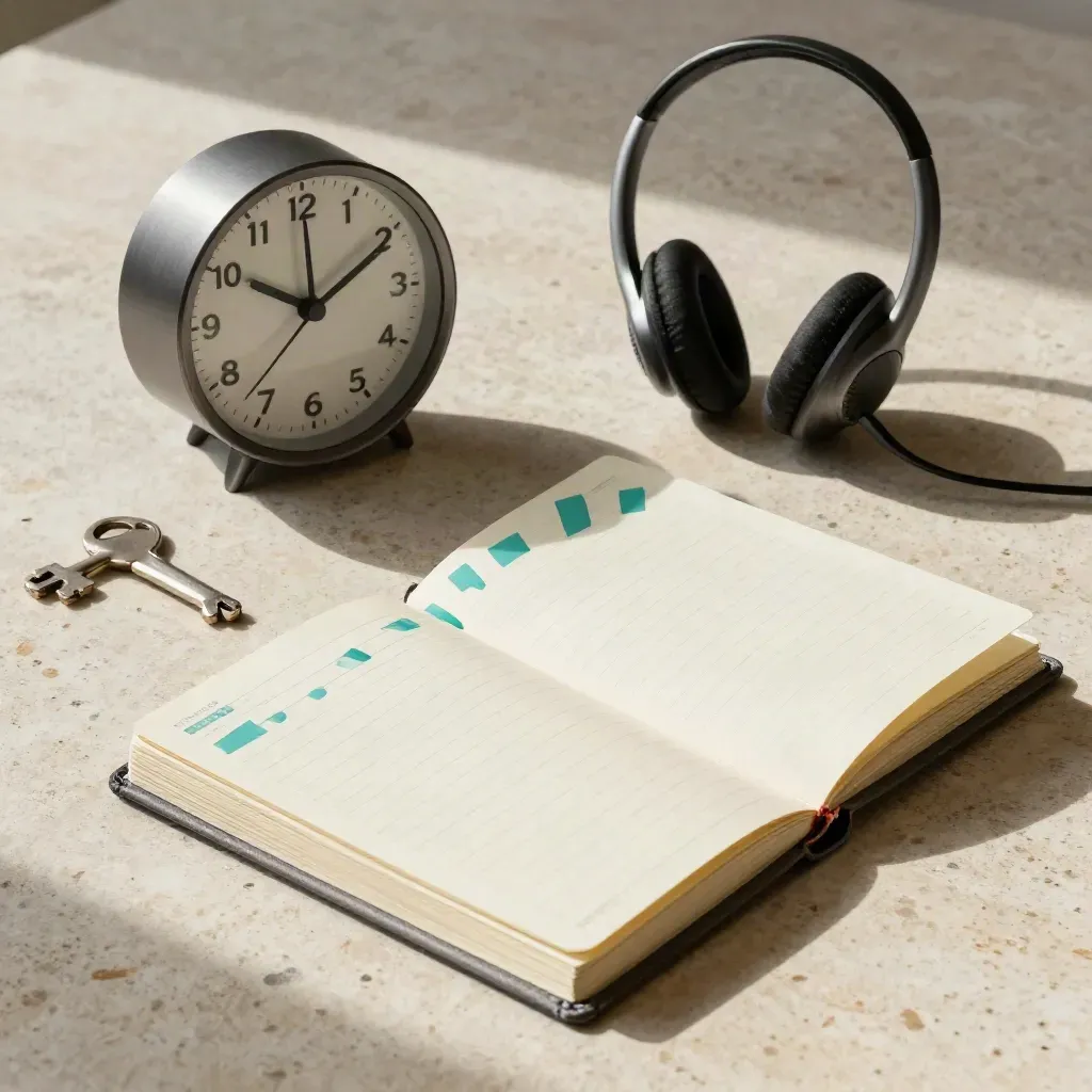 Set per appuntamenti B2B con orologio, supporto cuffie, agenda e segnapercorsi su pietra chiara