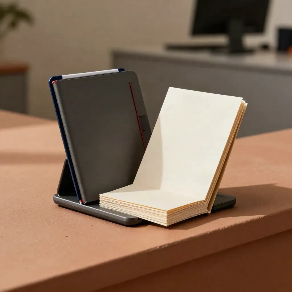 Pacchetto recall call center con cartellina chiusa, nastro rosso e base telefono su terracotta.