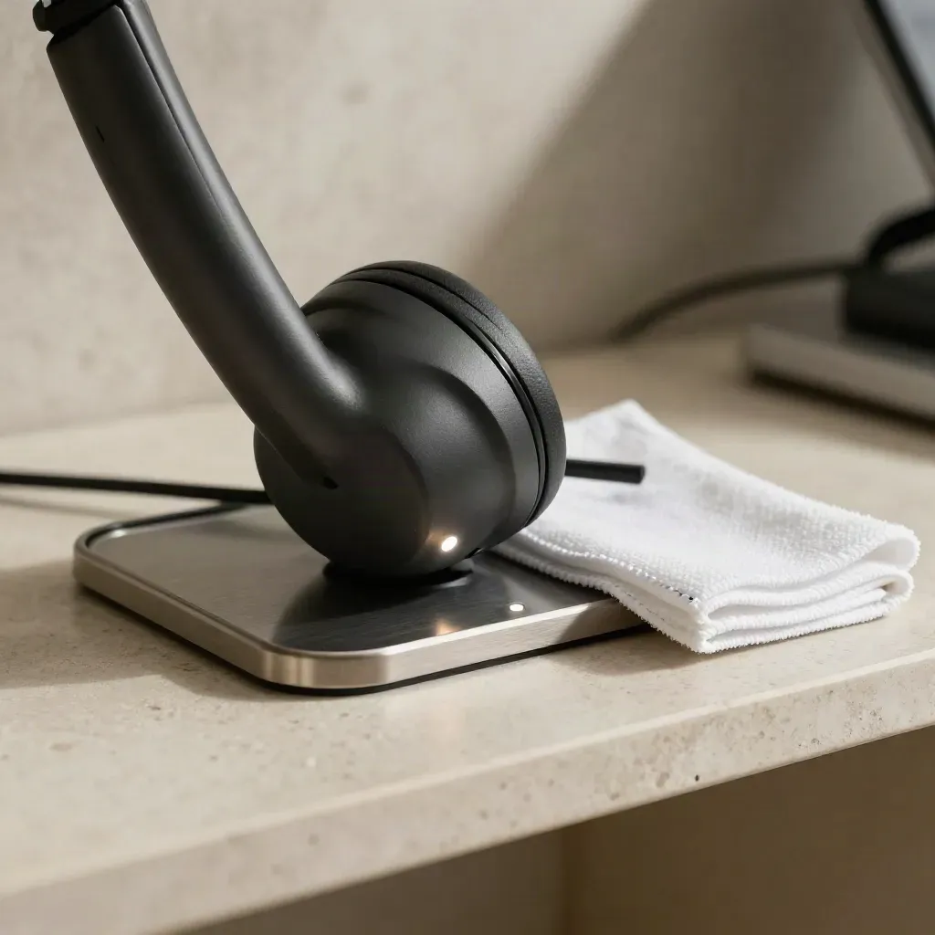 Dettaglio macro di una base telefonica per post-vendita con panno piegato e luce di stato bianca