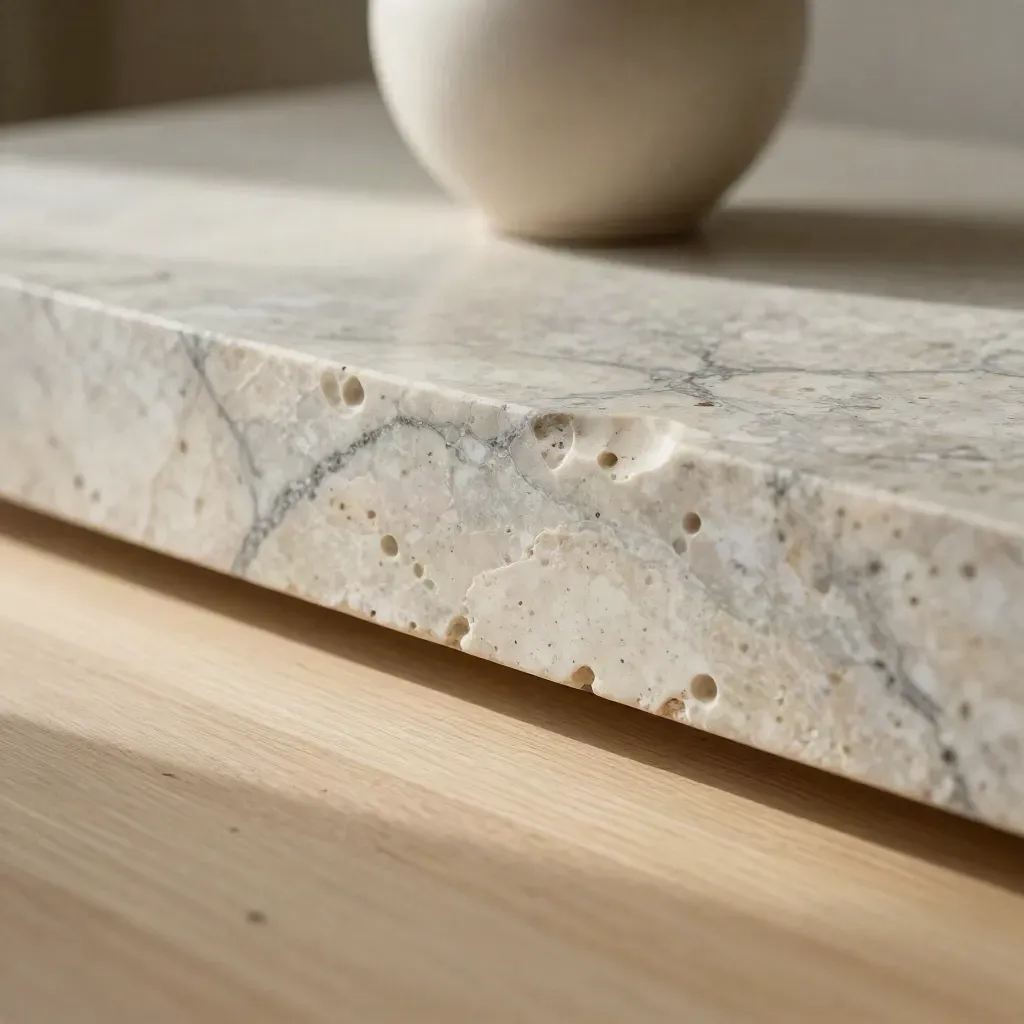 Lastra di travertino e legno chiaro con ceramica sfocata e spazio per il testo